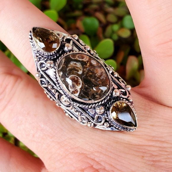 New Turtella Agate Fossil & Smoky Quartz 925 Silver Statement Ring. - Picture 4 of 13